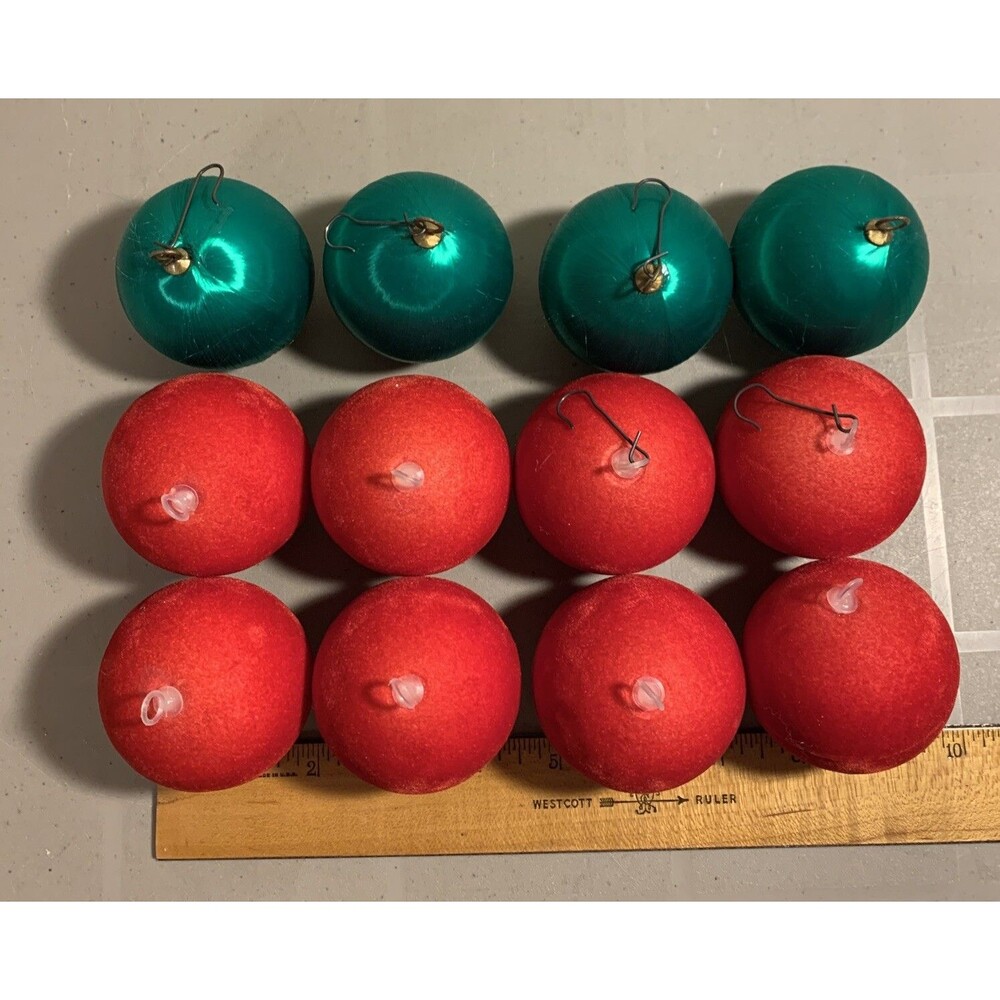 Vintage Felted Satin Spun Ornaments Christmas Tree Balls Red Green Lot 12 MCM